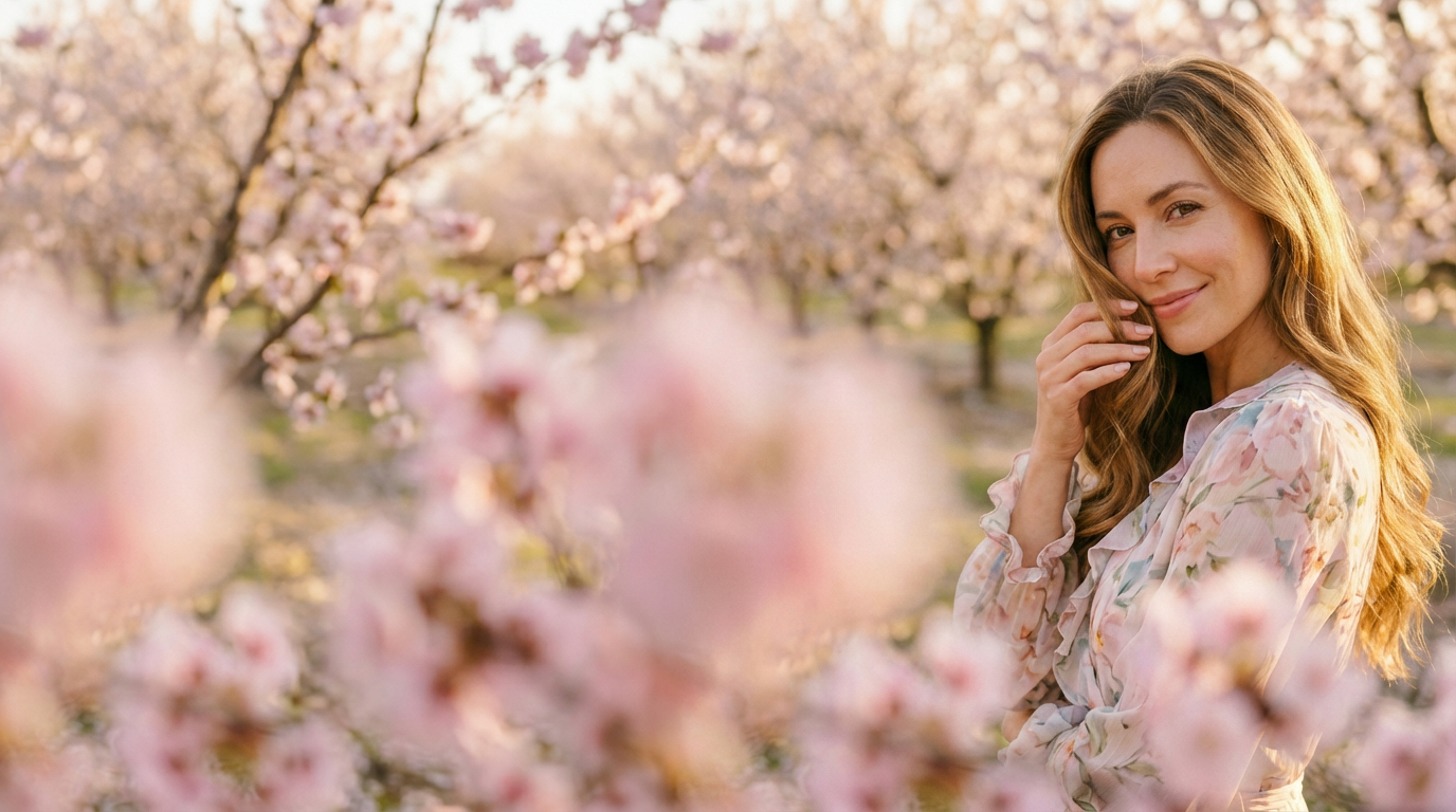 Vrouw glimlachend bij roze bloesems