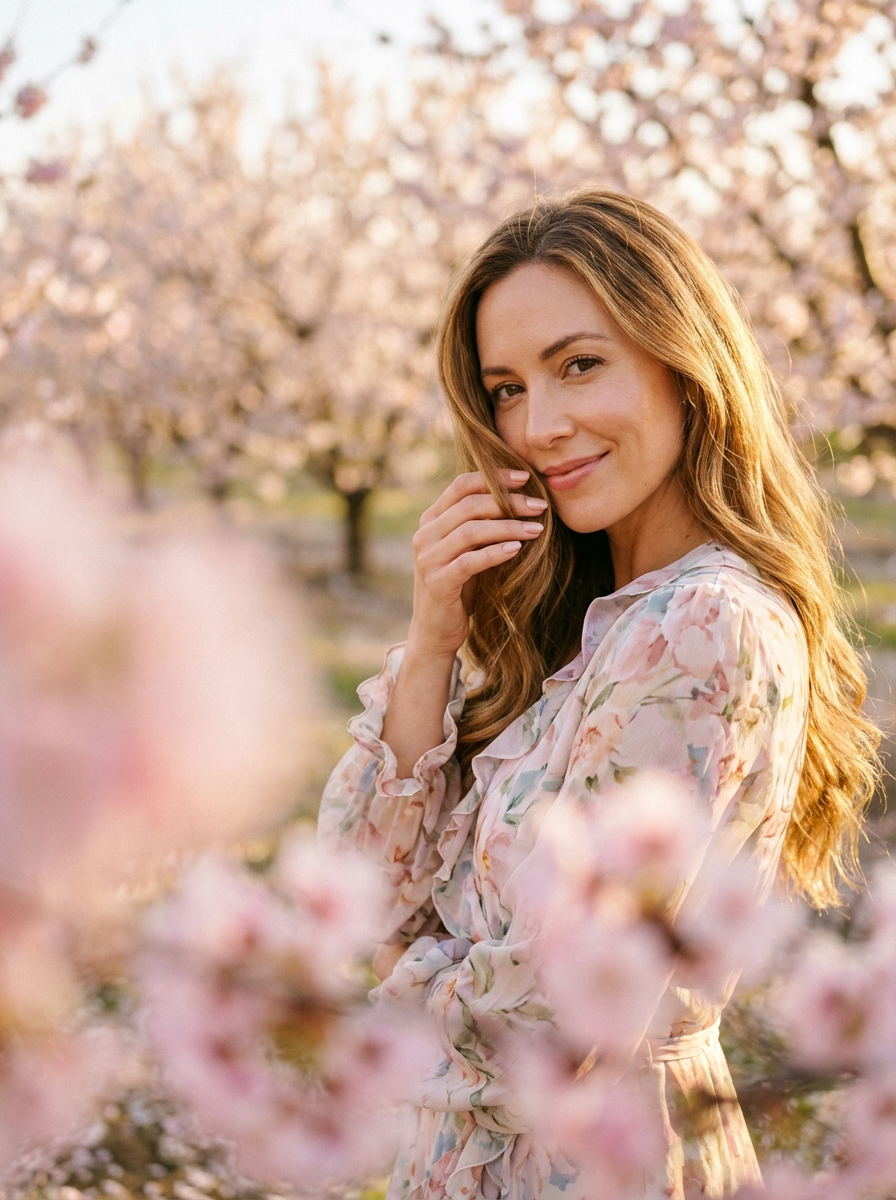 Vrouw poserend tussen lentebloesems